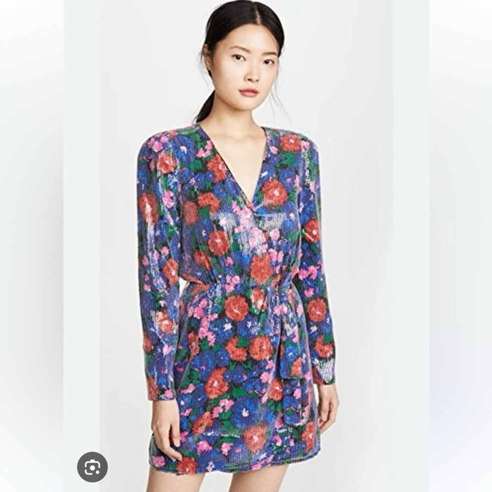 WAYF Multicolor Floral Sequin Low V-Neck Faux Wrap Mini Dress